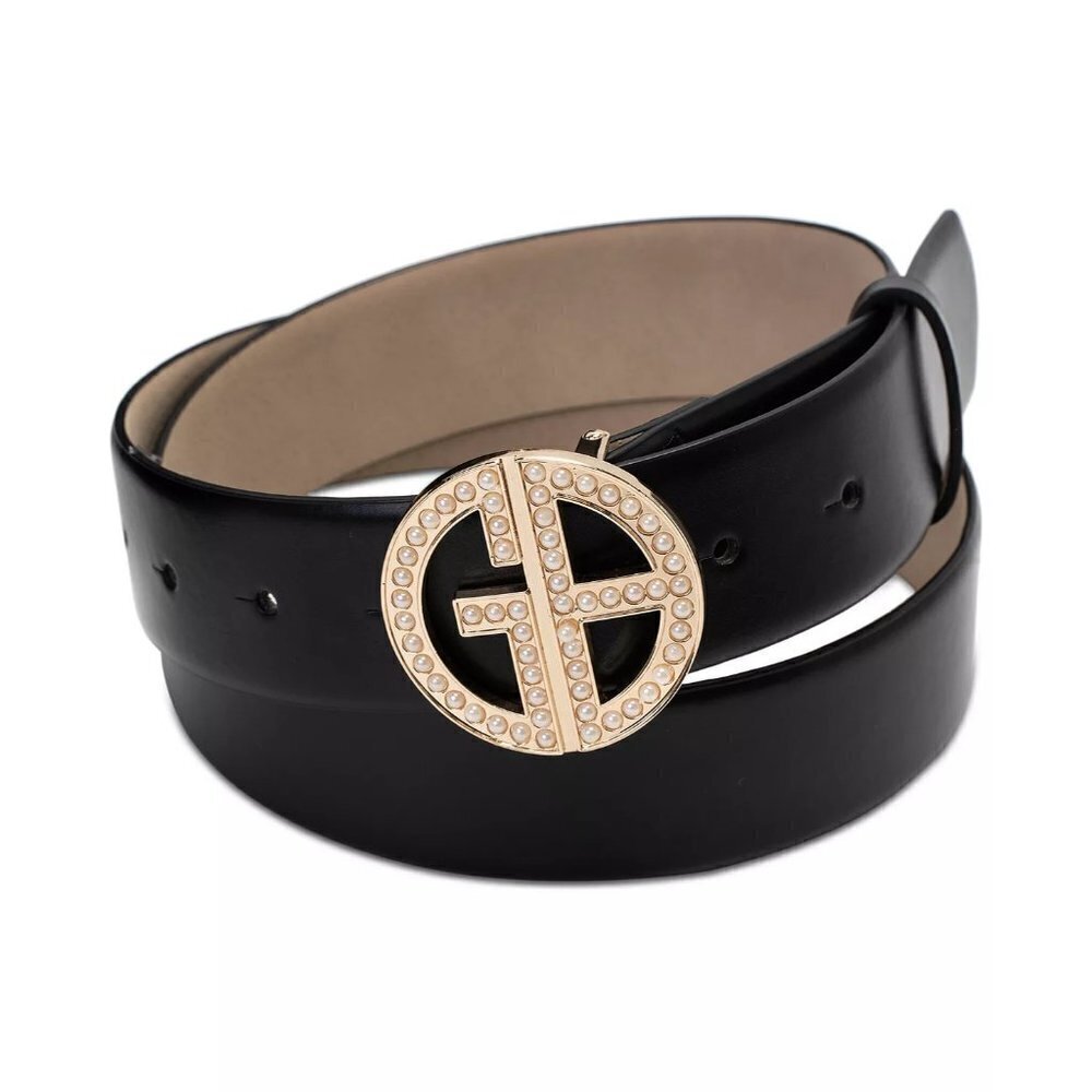 Giani Bernini Womens Small Imitation Pearl Embellished Logo Belt in Black $45